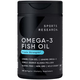 Sports Research Triple Strength Omega 3 Fish Oil - Burpless Fish Oil Supplement w/EPA & DHA Fatty Acids from Single-Source Wild Alaskan Pollock - 1250 mg, 180 ct