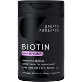 Sports Research Extra Strength Vegan Biotin (Vitamin B) Supplement with Organic Coconut Oil - Supports Keratin for Healthier Hair & Skin - Great for Women & Men - 5,000mcg, 120 Veggie Softgel Capsules