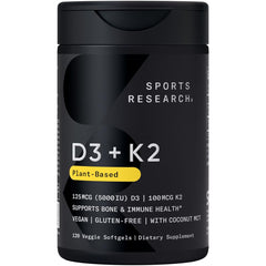 Sports Research® Vitamin D3 + K2 with Coconut MCT Oil | Vegan D3 5000 IU with K2 100 mcg for Bone & Immune Health | Vegan Certified, Soy & Gluten Free - 120 Softgels