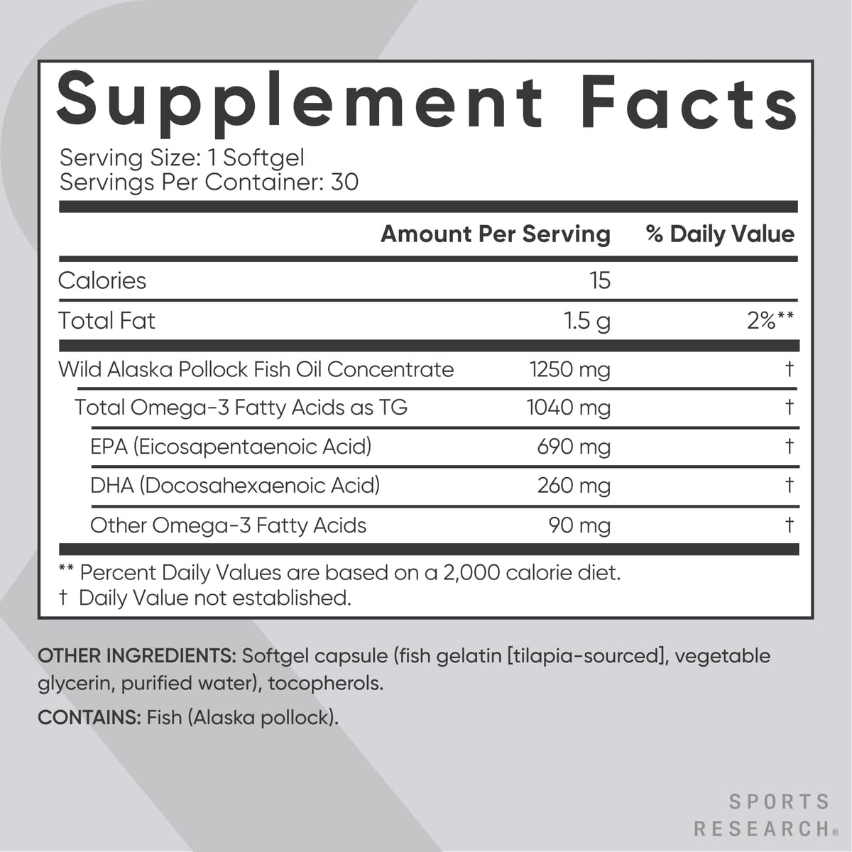Sports Research Triple Strength Omega 3 Fish Oil Supplement - EPA & DHA Fatty Acids from Wild Alaskan Pollock - Heart, Brain & Immune Support for Adults, Men & Women - 1250 mg Capsules (30 ct)