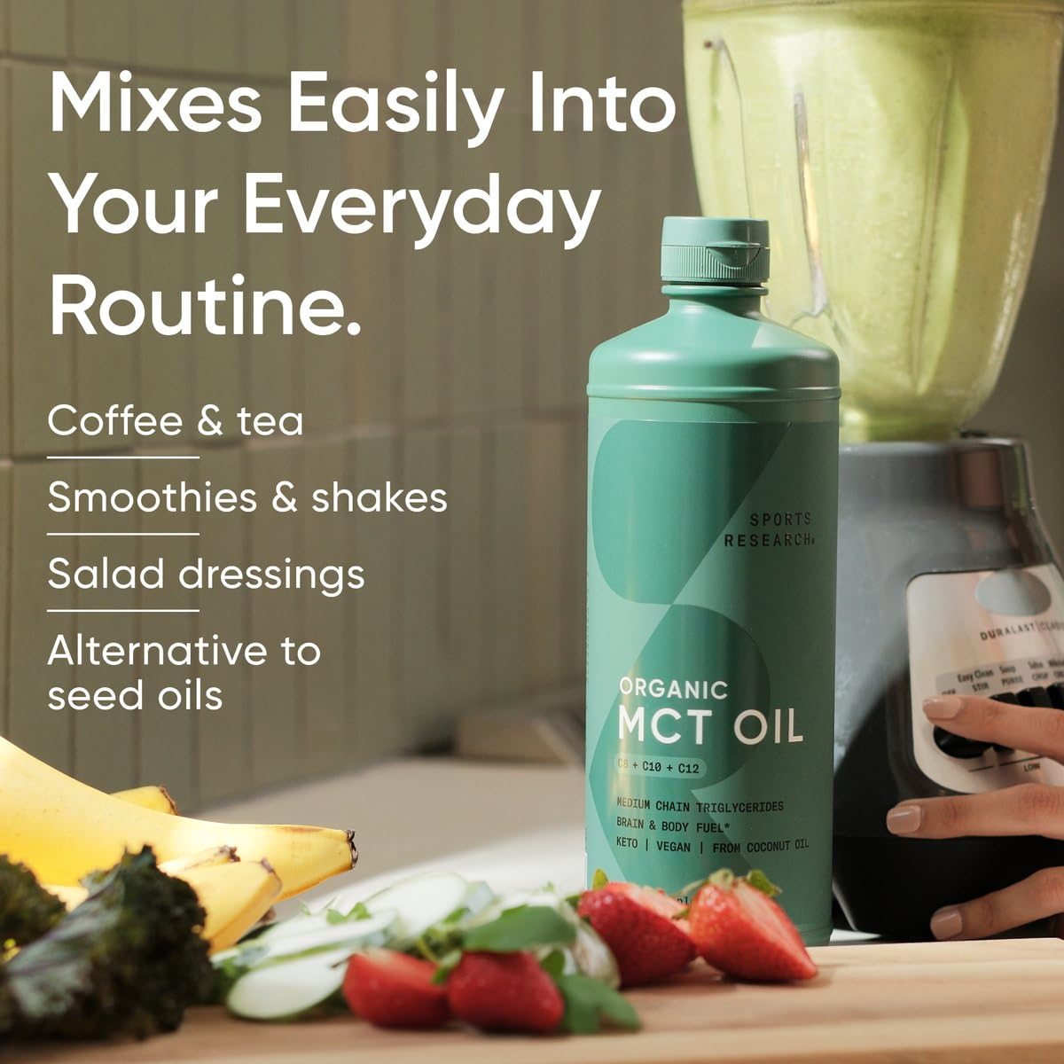 Sports Research Organic MCT Oil - Keto & Vegan MCTs C8, C10, C12 from Coconuts - Fatty Acid Brain & Body Fuel, Non-GMO & Gluten Free - Flavorless Oil, Perfect in Coffee, Tea & Protein Shakes - 32 oz