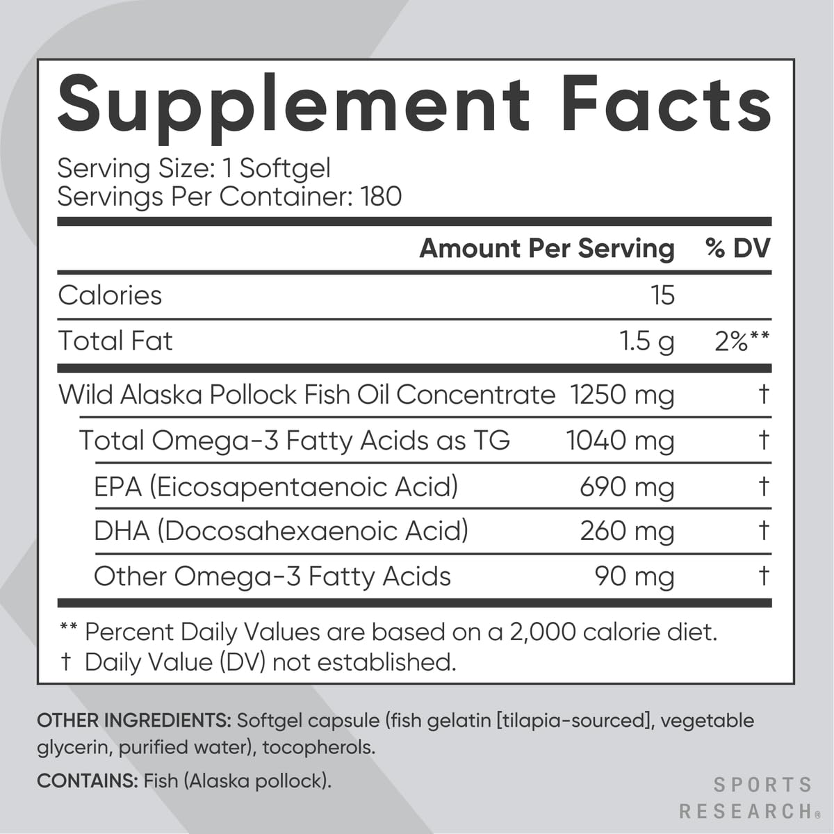 Sports Research Triple Strength Omega 3 Fish Oil - Burpless Fish Oil Supplement w/EPA & DHA Fatty Acids from Single-Source Wild Alaskan Pollock - 1250 mg, 180 ct