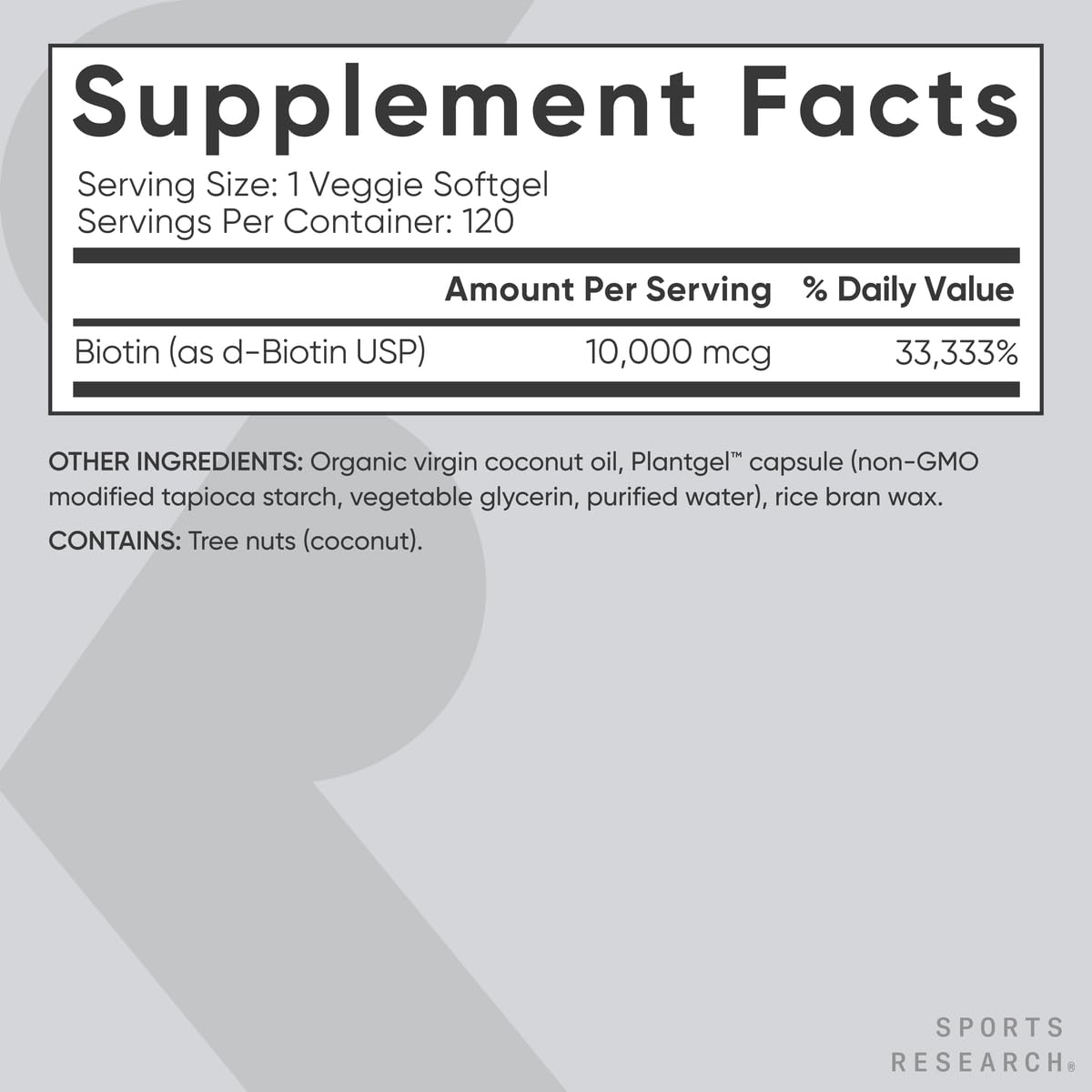 Sports Research® Biotin 10,000mcg with Organic Coconut Oil - Biotin (Vitamin B7) for Healthy Skin and Hair Support* - for Women and Men - Vegan, Non-GMO, Gluten & Soy-Free - 120 Veggie Softgels