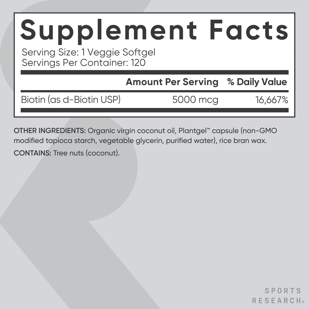Sports Research Extra Strength Vegan Biotin (Vitamin B) Supplement with Organic Coconut Oil - Supports Keratin for Healthier Hair & Skin - Great for Women & Men - 5,000mcg, 120 Veggie Softgel Capsules