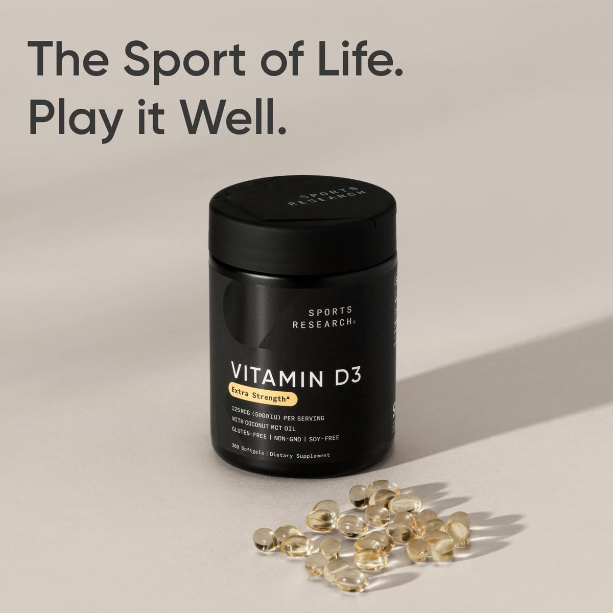 Sports Research Vitamin D3 5000iu (125mcg) with Coconut Oil ~ High Potency Vitamin D for Immune & Bone Support ~ Non-GMO Verified, Gluten & Soy Free (360 Mini-Liquid Softgels)