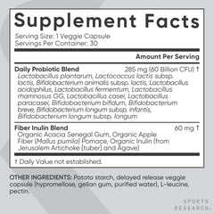 Sports Research Daily Probiotics with Prebiotics, 60 Billion CFU - Vegan Capsules for Gut Health & Digestive Support, Probiotics for Women & Men - Non-GMO Verified & Gluten Free - 30 Count