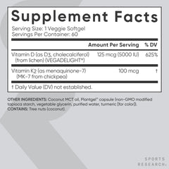Sports Research® Vegan D3 5000iu with Vitamin K2 100mg - Formulated with Coconut MCT Oil - Vegan Certified, Soy & Gluten Free - 60 Softgels