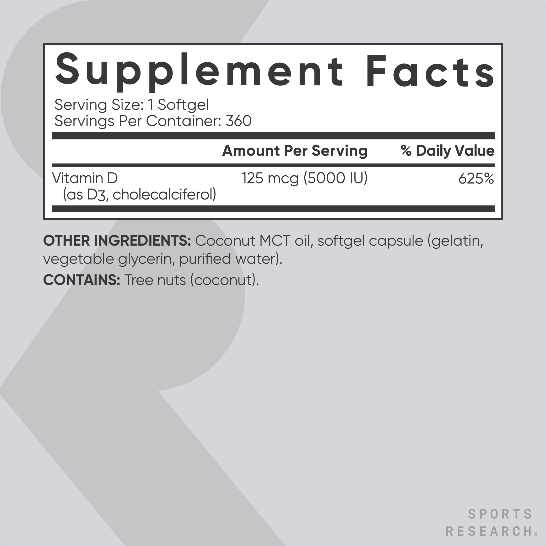 Sports Research Vitamin D3 5000iu (125mcg) with Coconut Oil ~ High Potency Vitamin D for Immune & Bone Support ~ Non-GMO Verified, Gluten & Soy Free (360 Mini-Liquid Softgels)